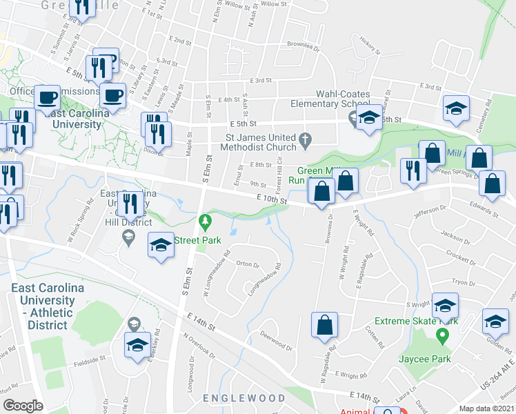 map of restaurants, bars, coffee shops, grocery stores, and more near 1116 East 10th Street in Greenville
