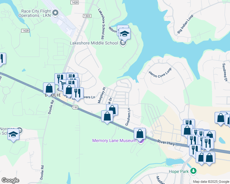 map of restaurants, bars, coffee shops, grocery stores, and more near 160 Water Oak Drive in Mooresville