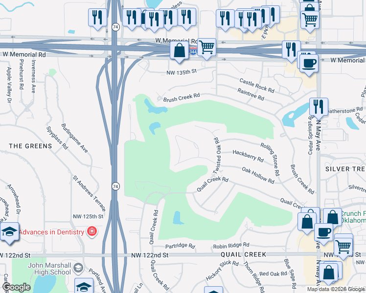 map of restaurants, bars, coffee shops, grocery stores, and more near 13017 Oak Hollow Road in Oklahoma City