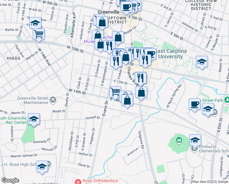 map of restaurants, bars, coffee shops, grocery stores, and more near 108 East 13th Street in Greenville
