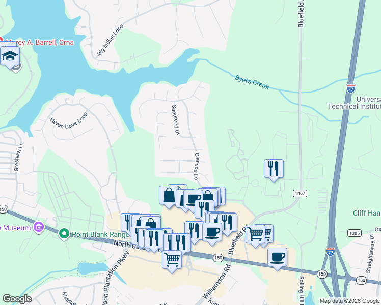 map of restaurants, bars, coffee shops, grocery stores, and more near 129 Comata Road in Mooresville