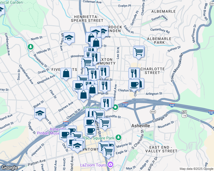 map of restaurants, bars, coffee shops, grocery stores, and more near 51 Merrimon Place in Asheville