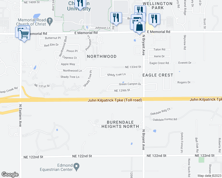 map of restaurants, bars, coffee shops, grocery stores, and more near 2613 Northeast 129th Street in Edmond