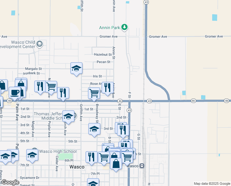 map of restaurants, bars, coffee shops, grocery stores, and more near 120 Annin Avenue in Wasco