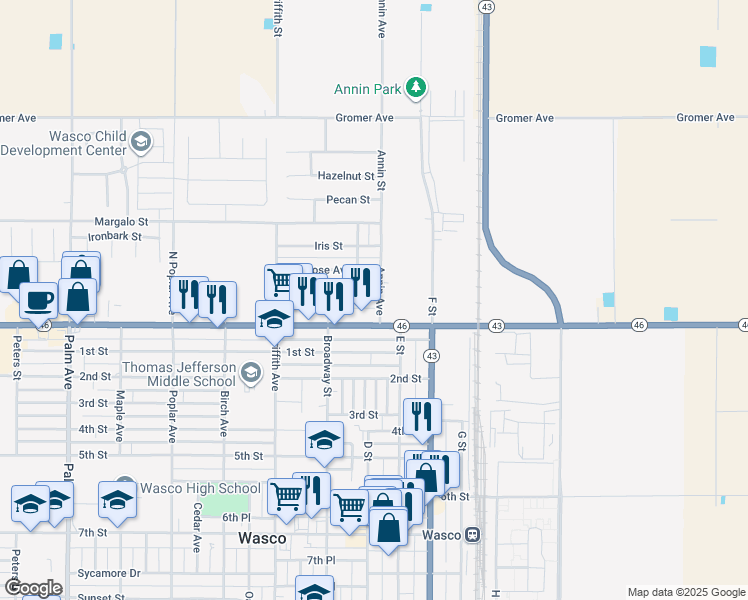 map of restaurants, bars, coffee shops, grocery stores, and more near 120 Annin Avenue in Wasco