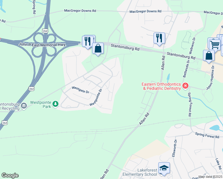 map of restaurants, bars, coffee shops, grocery stores, and more near 1321 Westpointe Drive in Greenville