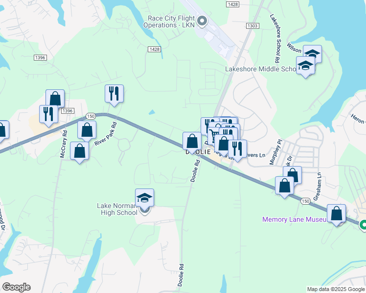 map of restaurants, bars, coffee shops, grocery stores, and more near River Highway in Mooresville