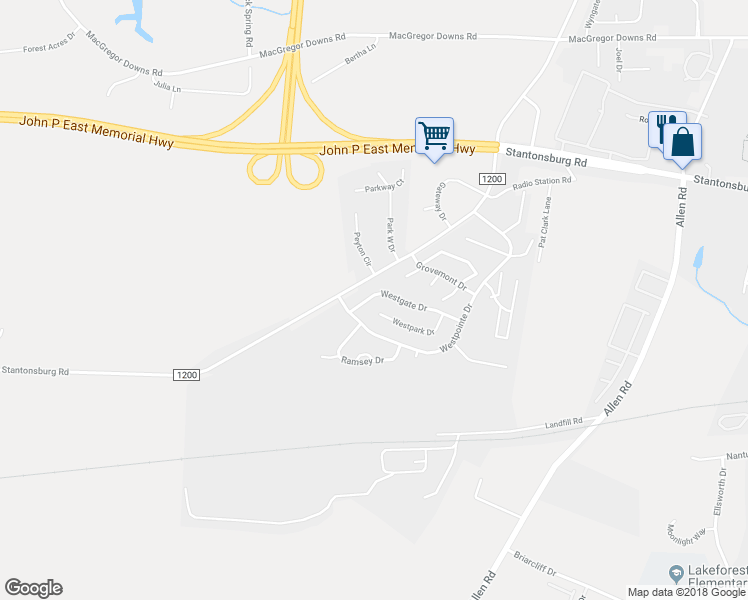 map of restaurants, bars, coffee shops, grocery stores, and more near 3445 Westgate Drive in Greenville