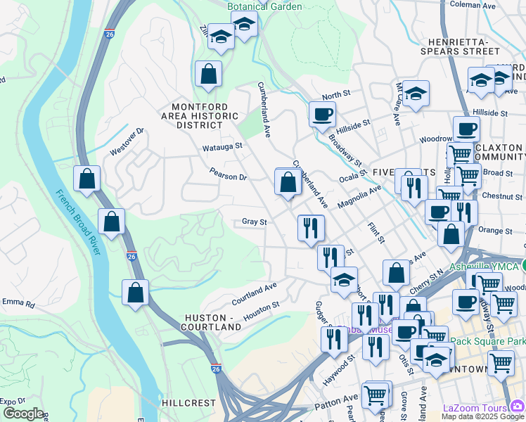 map of restaurants, bars, coffee shops, grocery stores, and more near 104 Pearson Drive in Asheville