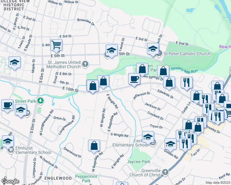 map of restaurants, bars, coffee shops, grocery stores, and more near 2408 East 10th Street in Greenville