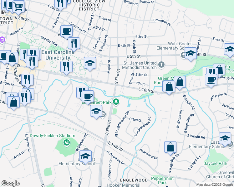 map of restaurants, bars, coffee shops, grocery stores, and more near 1005 South Elm Street in Greenville