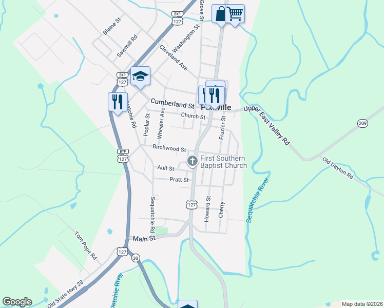 map of restaurants, bars, coffee shops, grocery stores, and more near Ault Street in Pikeville