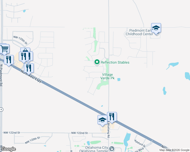 map of restaurants, bars, coffee shops, grocery stores, and more near 11449 Northwest 129th Street in Piedmont