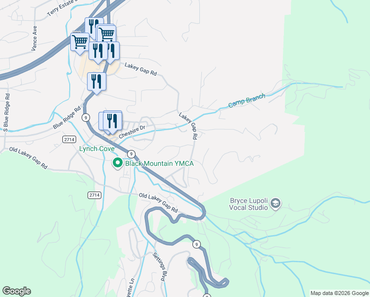 map of restaurants, bars, coffee shops, grocery stores, and more near 105 Forest Hills Drive in Black Mountain