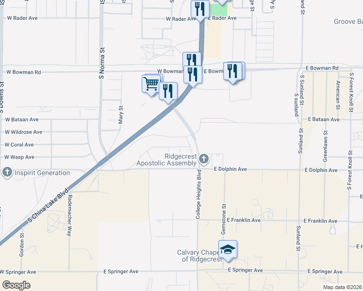 map of restaurants, bars, coffee shops, grocery stores, and more near 108 Barbara Avenue in Ridgecrest