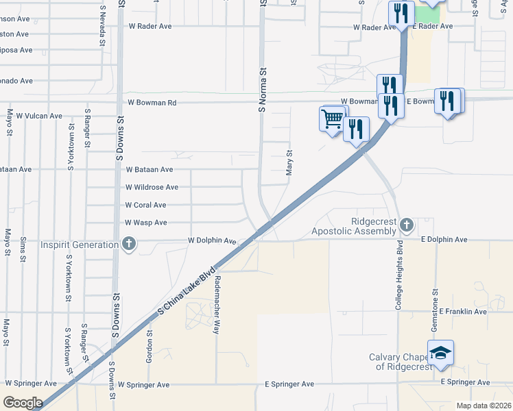 map of restaurants, bars, coffee shops, grocery stores, and more near 1209 South Norma Street in Ridgecrest