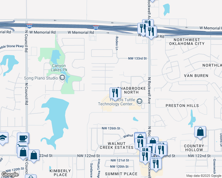 map of restaurants, bars, coffee shops, grocery stores, and more near 7425 Northwest 129th Street in Oklahoma City