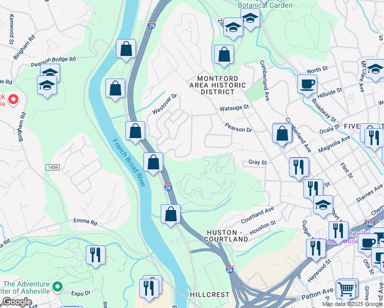 map of restaurants, bars, coffee shops, grocery stores, and more near 74 Westover Drive in Asheville