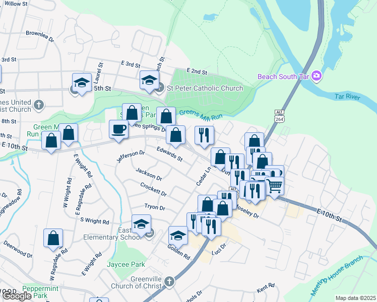 map of restaurants, bars, coffee shops, grocery stores, and more near 2810 E 10th St in Greenville