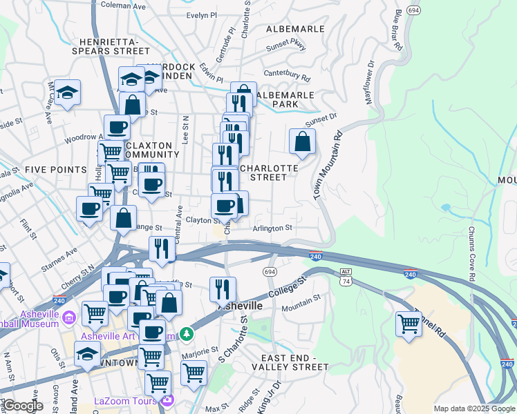 map of restaurants, bars, coffee shops, grocery stores, and more near 289 East Chestnut Street in Asheville