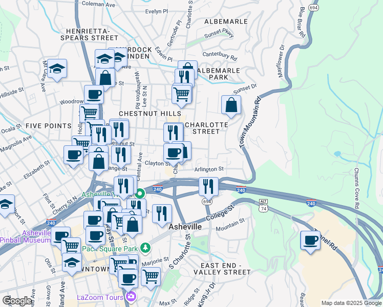 map of restaurants, bars, coffee shops, grocery stores, and more near 289 East Chestnut Street in Asheville