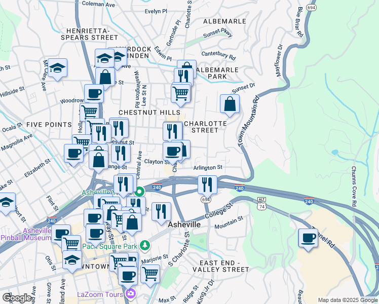 map of restaurants, bars, coffee shops, grocery stores, and more near 289 East Chestnut Street in Asheville