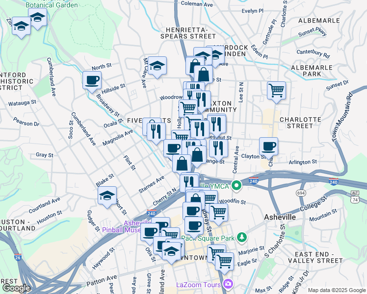 map of restaurants, bars, coffee shops, grocery stores, and more near 41 Maxwell Street in Asheville