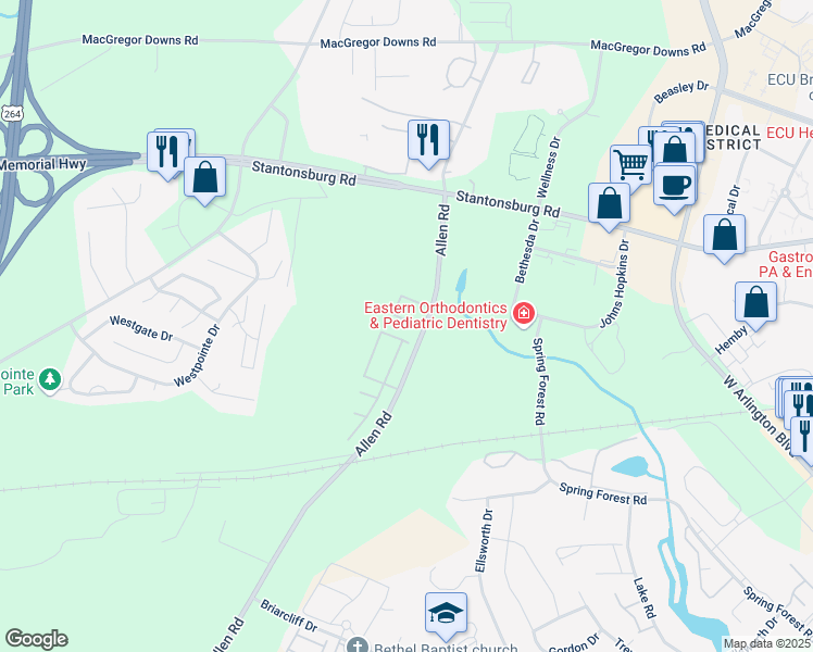 map of restaurants, bars, coffee shops, grocery stores, and more near 1228 Allen Road in Greenville