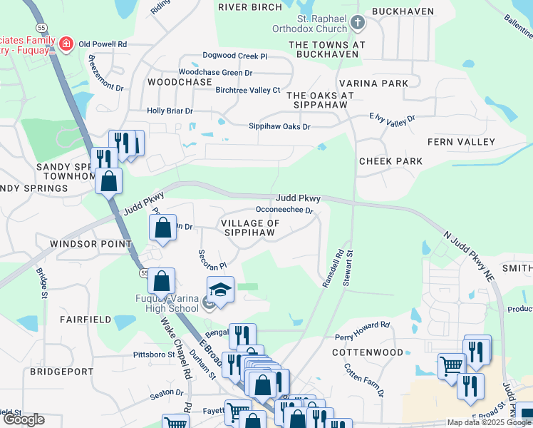 map of restaurants, bars, coffee shops, grocery stores, and more near 648 Occoneechee Drive in Fuquay Varina