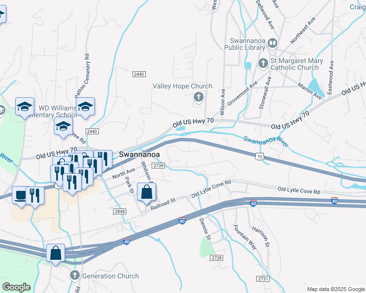 map of restaurants, bars, coffee shops, grocery stores, and more near 135 Edwards Avenue in Swannanoa