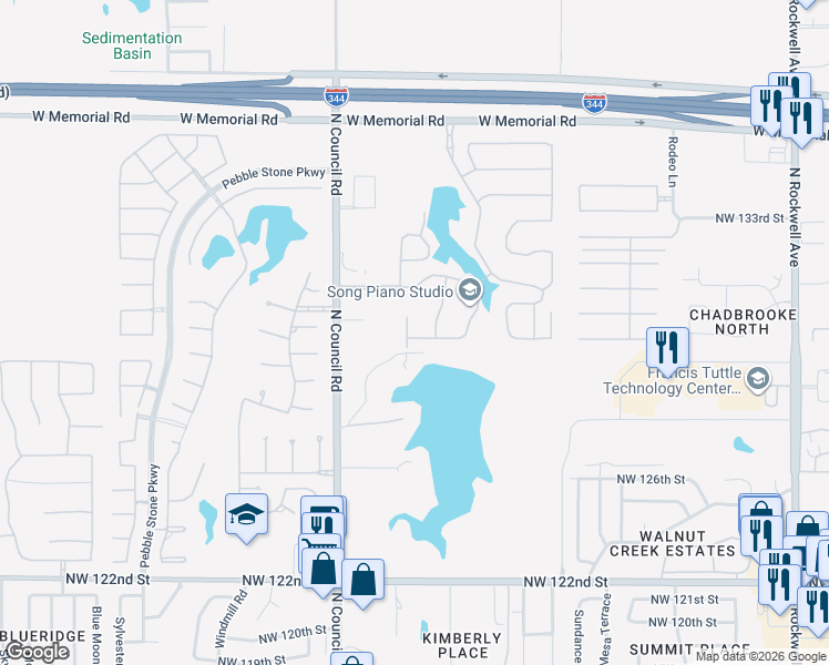 map of restaurants, bars, coffee shops, grocery stores, and more near 13100 Blue Canyon Drive in Oklahoma City