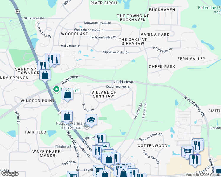 map of restaurants, bars, coffee shops, grocery stores, and more near 648 Occoneechee Drive in Fuquay Varina