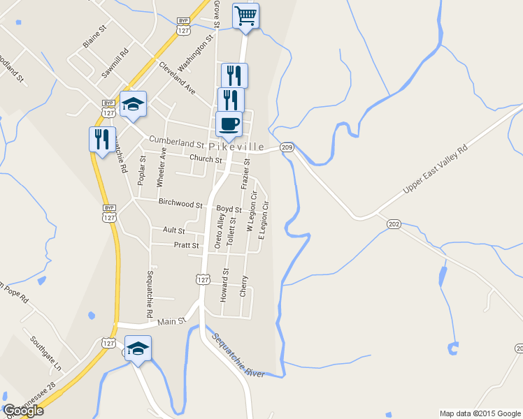 map of restaurants, bars, coffee shops, grocery stores, and more near 191 East Legion Circle in Pikeville