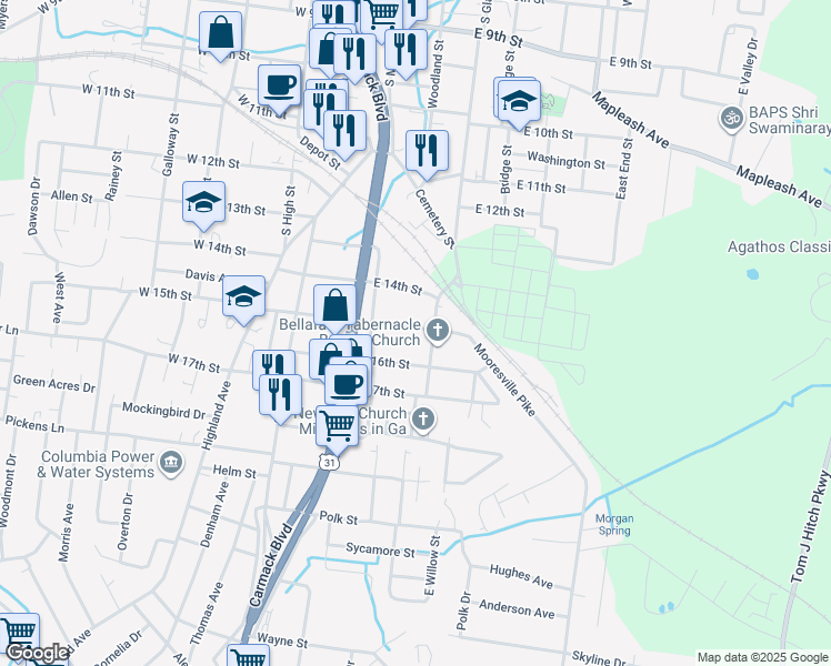 map of restaurants, bars, coffee shops, grocery stores, and more near 1512 Whatley Street in Columbia