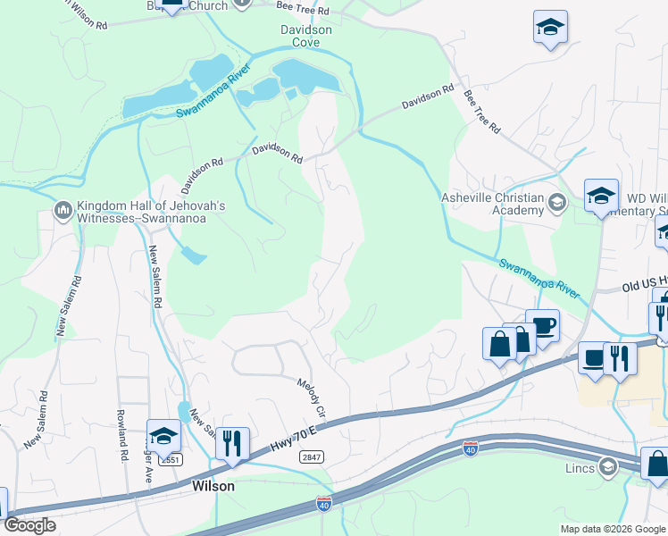 map of restaurants, bars, coffee shops, grocery stores, and more near 190 Jordan Road in Swannanoa
