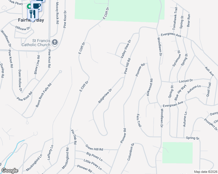 map of restaurants, bars, coffee shops, grocery stores, and more near 120 Ridgeview Drive in Fairfield Bay