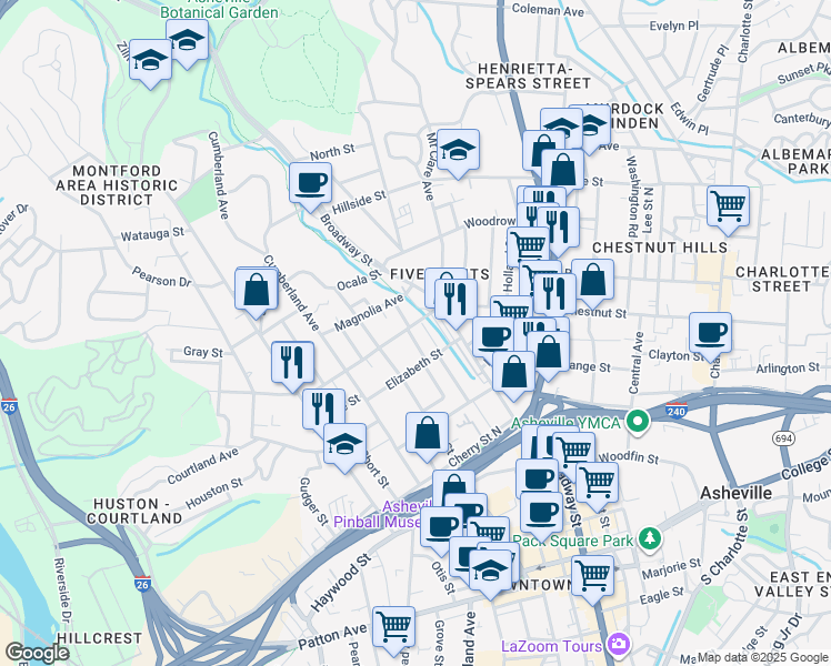 map of restaurants, bars, coffee shops, grocery stores, and more near 63 Woodlawn Avenue in Asheville