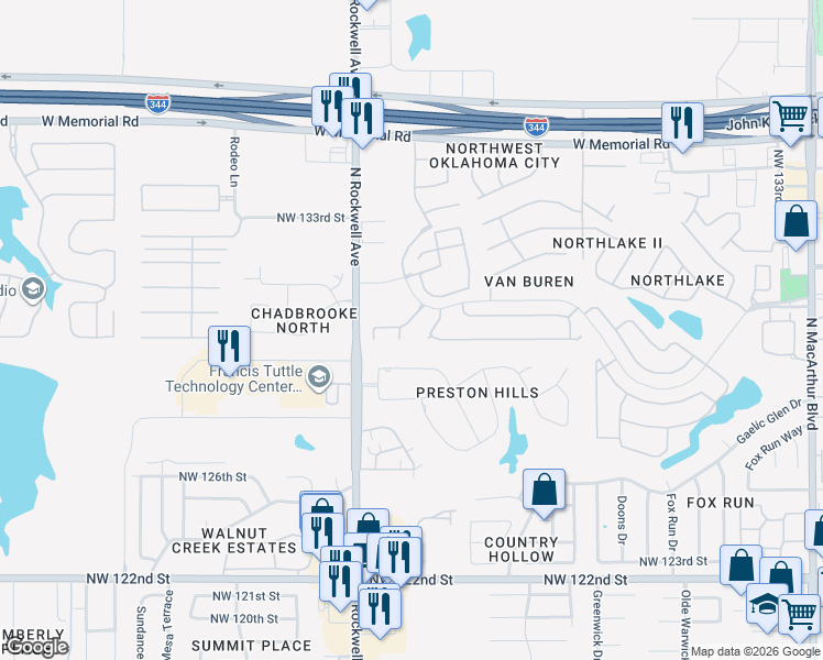 map of restaurants, bars, coffee shops, grocery stores, and more near 7016 Northwest 131st Terrace in Oklahoma City