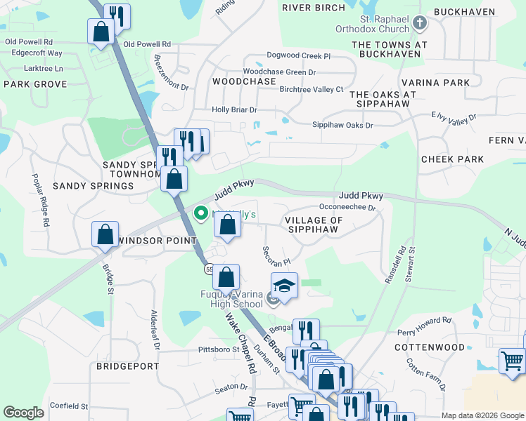 map of restaurants, bars, coffee shops, grocery stores, and more near 1312 Sippihaw Dr in Fuquay-Varina