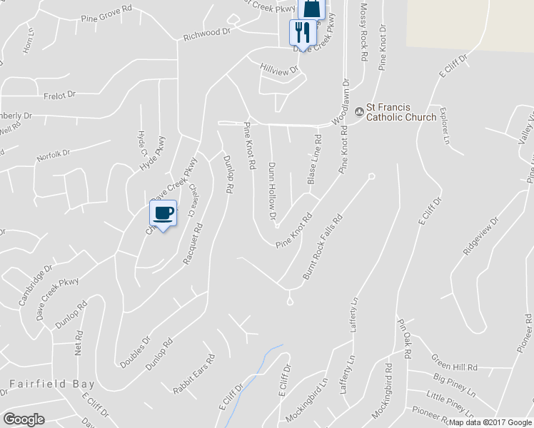 map of restaurants, bars, coffee shops, grocery stores, and more near 142 Dunn Hollow Drive in Fairfield Bay