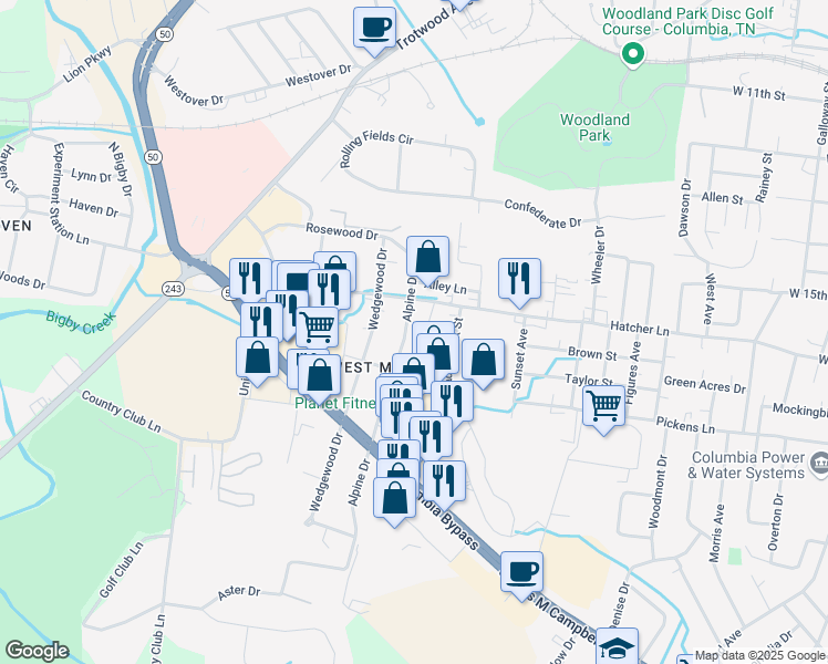 map of restaurants, bars, coffee shops, grocery stores, and more near 1807 Alpine Drive in Columbia