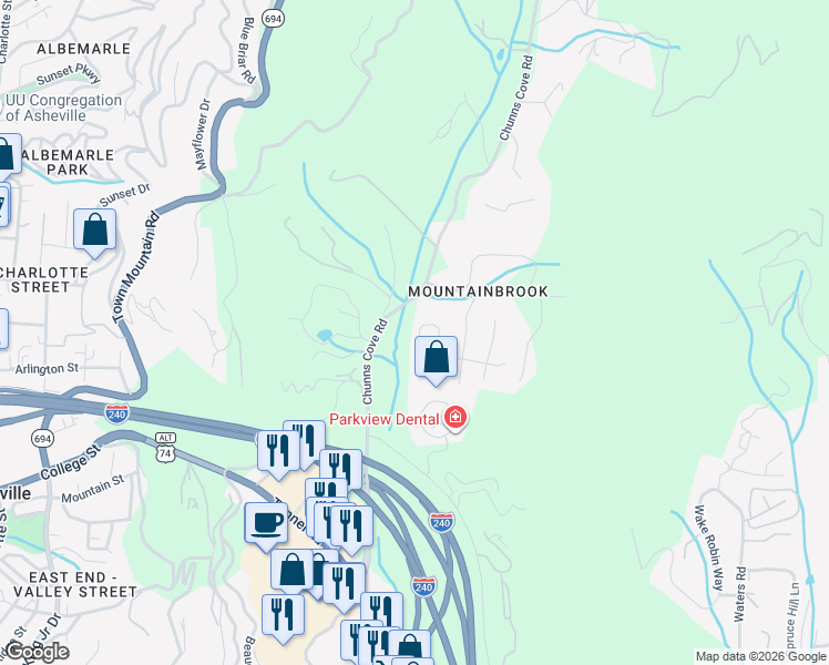 map of restaurants, bars, coffee shops, grocery stores, and more near 25 Craftsman Circle in Asheville