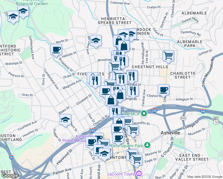 map of restaurants, bars, coffee shops, grocery stores, and more near 41 Maxwell Street in Asheville