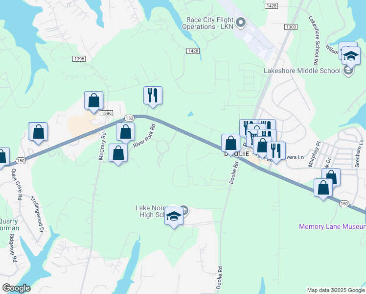 map of restaurants, bars, coffee shops, grocery stores, and more near 114 Avalon Park Circle in Mooresville
