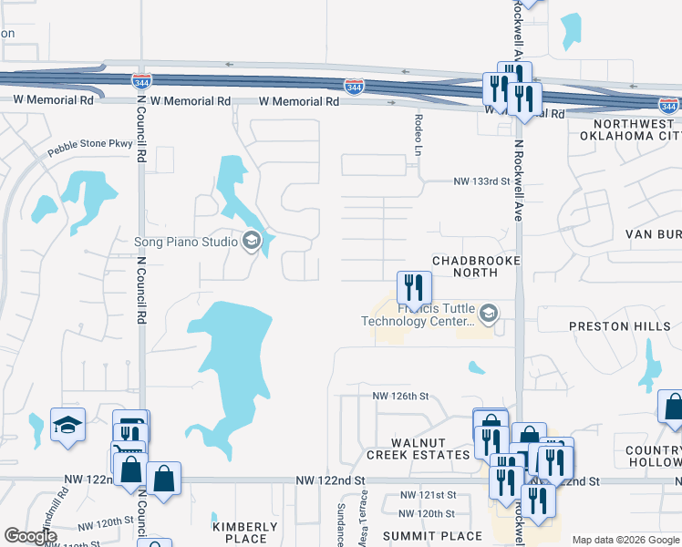 map of restaurants, bars, coffee shops, grocery stores, and more near 7533 Northwest 129th Street in Oklahoma City
