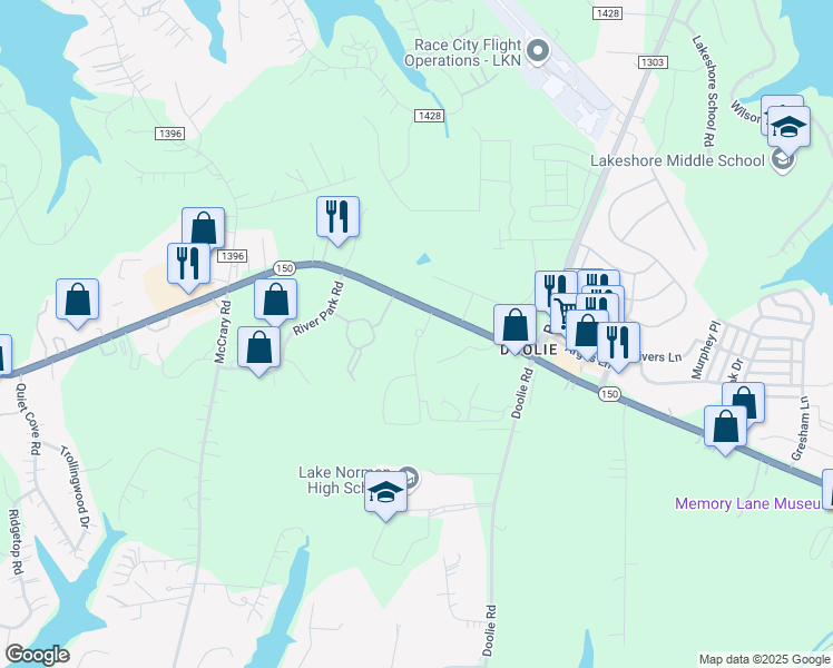 map of restaurants, bars, coffee shops, grocery stores, and more near 114 Avalon Park Road in Mooresville