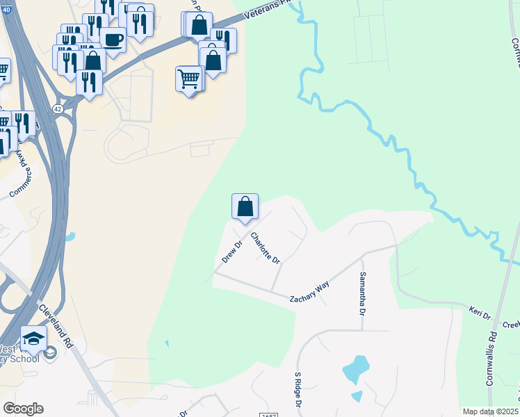 map of restaurants, bars, coffee shops, grocery stores, and more near 1043 Drew Drive in Garner