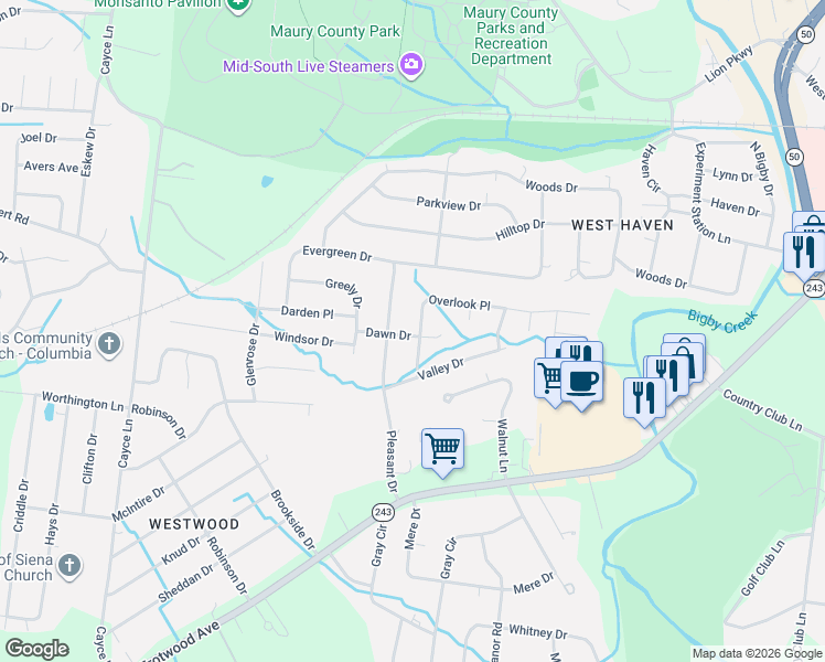 map of restaurants, bars, coffee shops, grocery stores, and more near 238 Overlook Place in Columbia