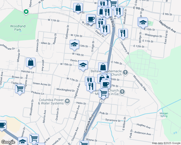 map of restaurants, bars, coffee shops, grocery stores, and more near 1605 South High Street in Columbia