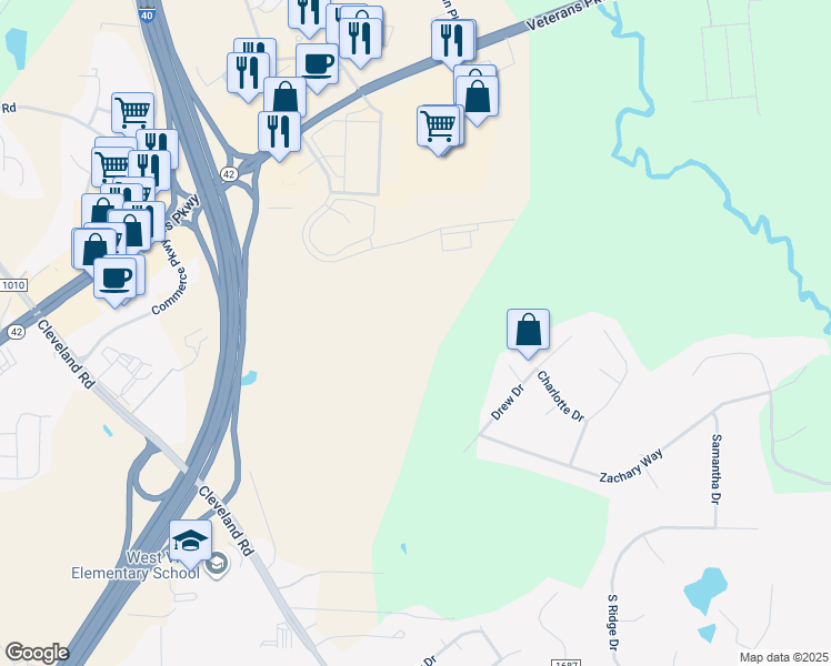 map of restaurants, bars, coffee shops, grocery stores, and more near 12022 Cleveland Road in Garner